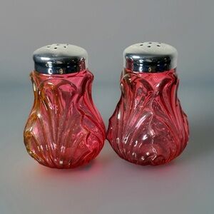 Vintage Fenton Country Cranberry Leaf Pattern Salt Pepper Shakers Metal Lids